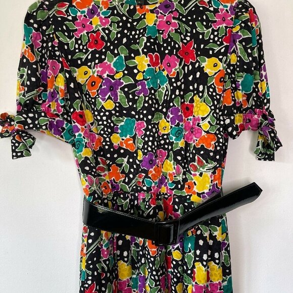 Oscar de la Renta Size 12 Silk Floral Pleated Midi Dress Belt Polka Dot Vintage - Picture 9 of 12